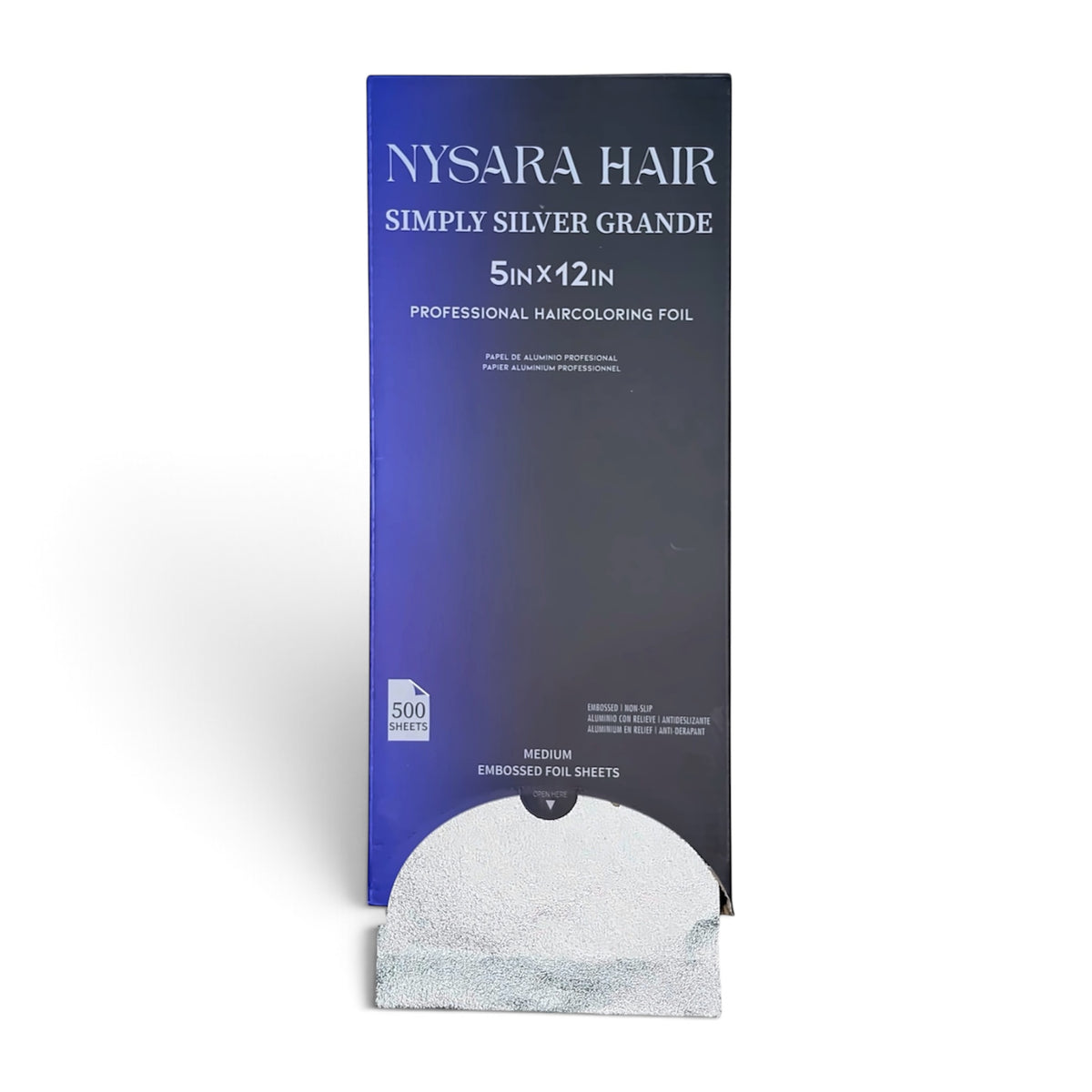 Nysara Hair Simply Silver Grande professional hair coloring foil pack, 5x12 inches, with a silver foil sheet partially pulled from the front of the packaging.