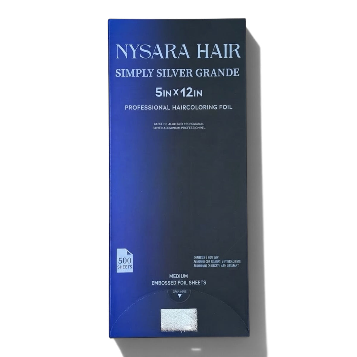 Nysara Hair Simply Silver Grande professional hair coloring foil packaging, 5 in x 12 in, medium embossed foil sheets, 500 count.