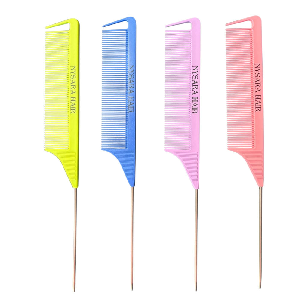 Nysara Hair Rainbow Precision Tail Comb Collection - 4 professional metal tail pin sectioning combs in yellow blue pink coral peach colors
