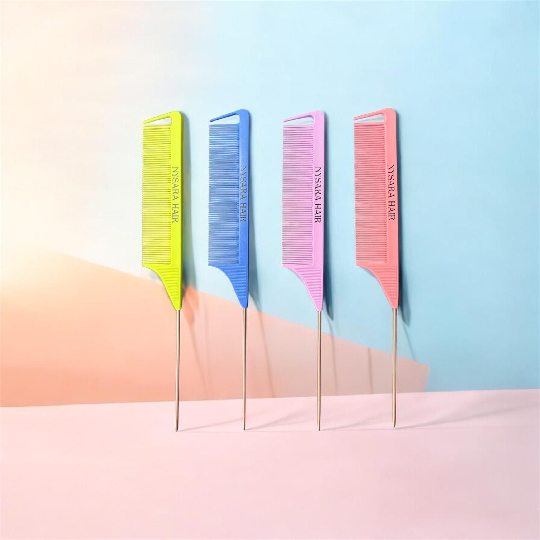 Nysara Hair Rainbow Precision Tail Comb Collection - 4 professional metal tail pin sectioning combs in yellow blue pink coral peach colors