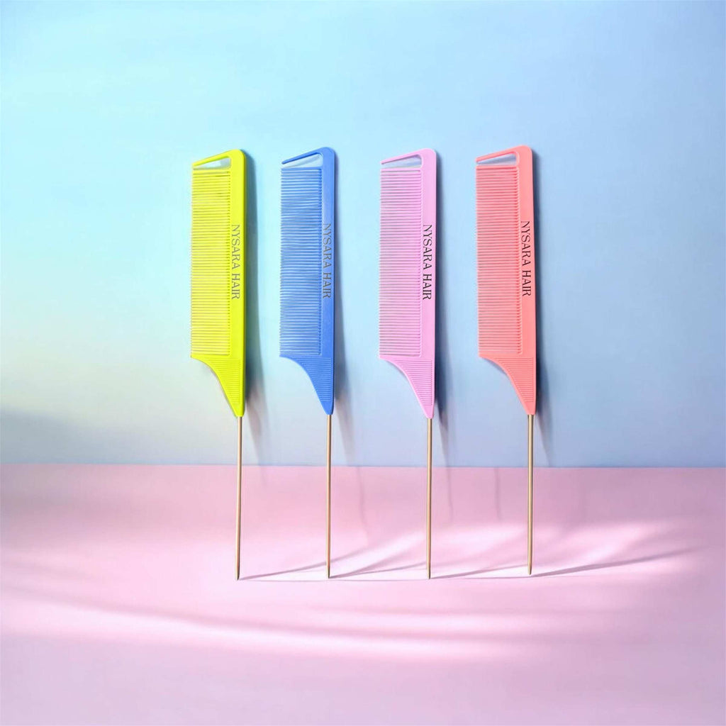 Rainbow Precision professional tail combs set showing all four colors Sunny Sunshine Beachyy Blue Rossy Rose Peachy Perfection flat lay