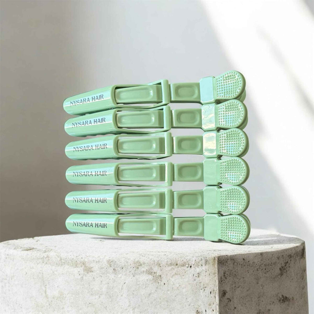 Nysara Hair Minty Fresh mint green professional sectioning clips 6-pack non-slip grip texture salon tools